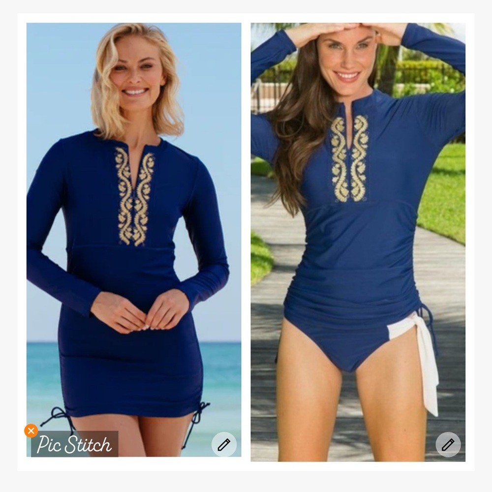 Cabana Life Navy/Gold Embroidered Ruched Rash Guard